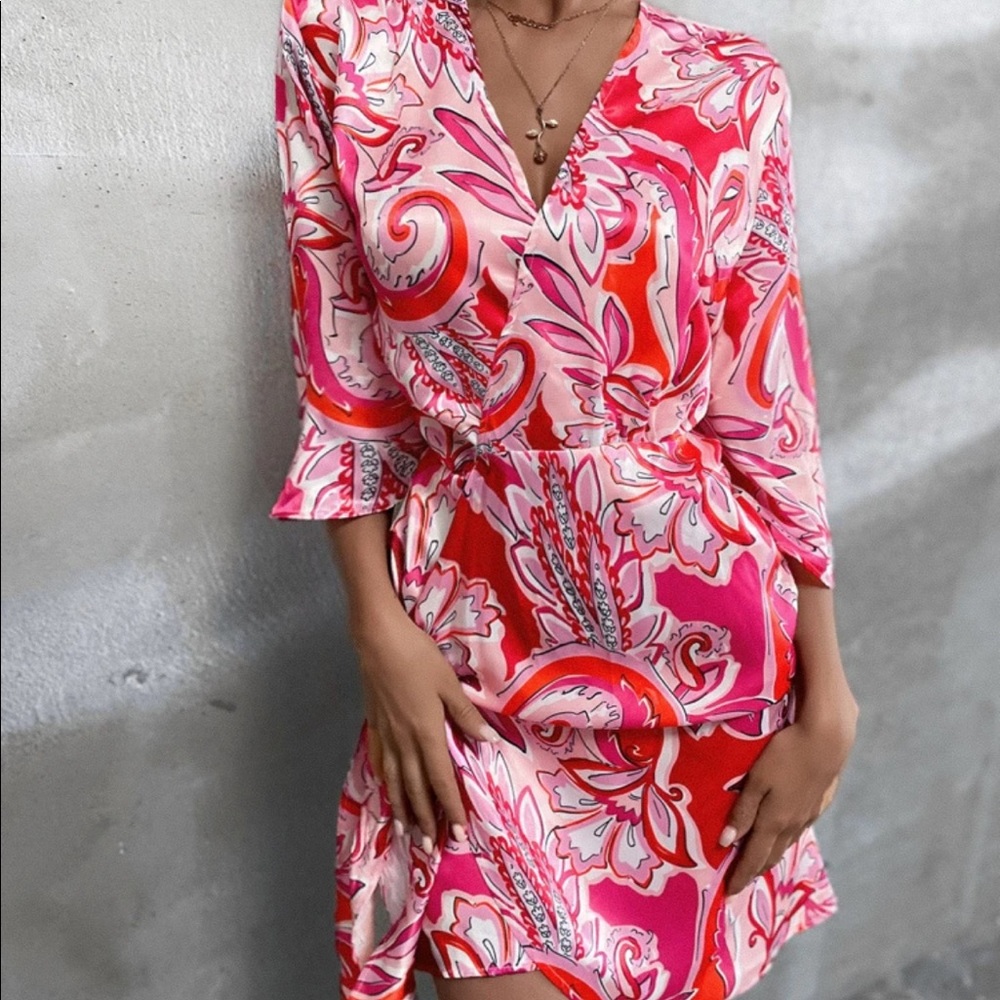 Floral Print Surplice Neck Dress - Picture 2 of 5